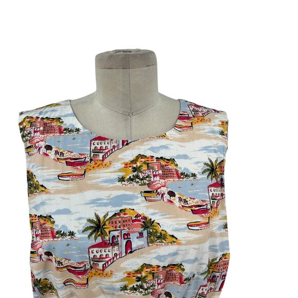 Boden Smocked Waist Mini Dress Paradise Bay Beach Print White Size US 12R - Picture 3 of 13